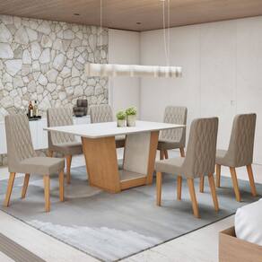 Conjunto Apogeu 160cm Tampo MDF com 6 Cadeiras Luar Amêndoa Clean/Off White/Naturale Creme