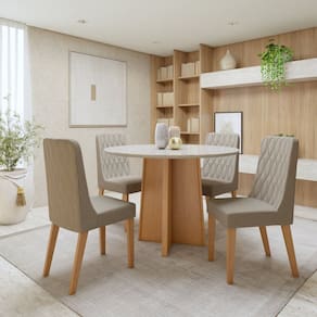 Conjunto Celebrare 100cm tampo Redondo em MDF com Vidro e 4 Cadeiras Luar Amendoa Clean/Off White/Veludo Naturale Creme