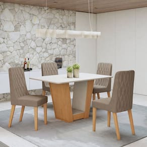 Conjunto Sala de Jantar Mesa Apogeu com 4 Cadeiras Luar Amêndoa Clean/Off White/Animale Bege