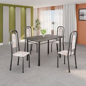 Conjunto de Mesa Tubular 120cm X 75cm Tampo Ardósia Indiano com 4 Cadeiras Lara Botanic Bege / Mart Prata