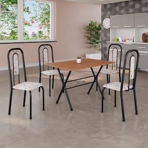 Conjunto de Mesa Tubular 100cm x 60cm Tampo em MDF com 4 Cadeiras Lívia Botanic Bege/Preto