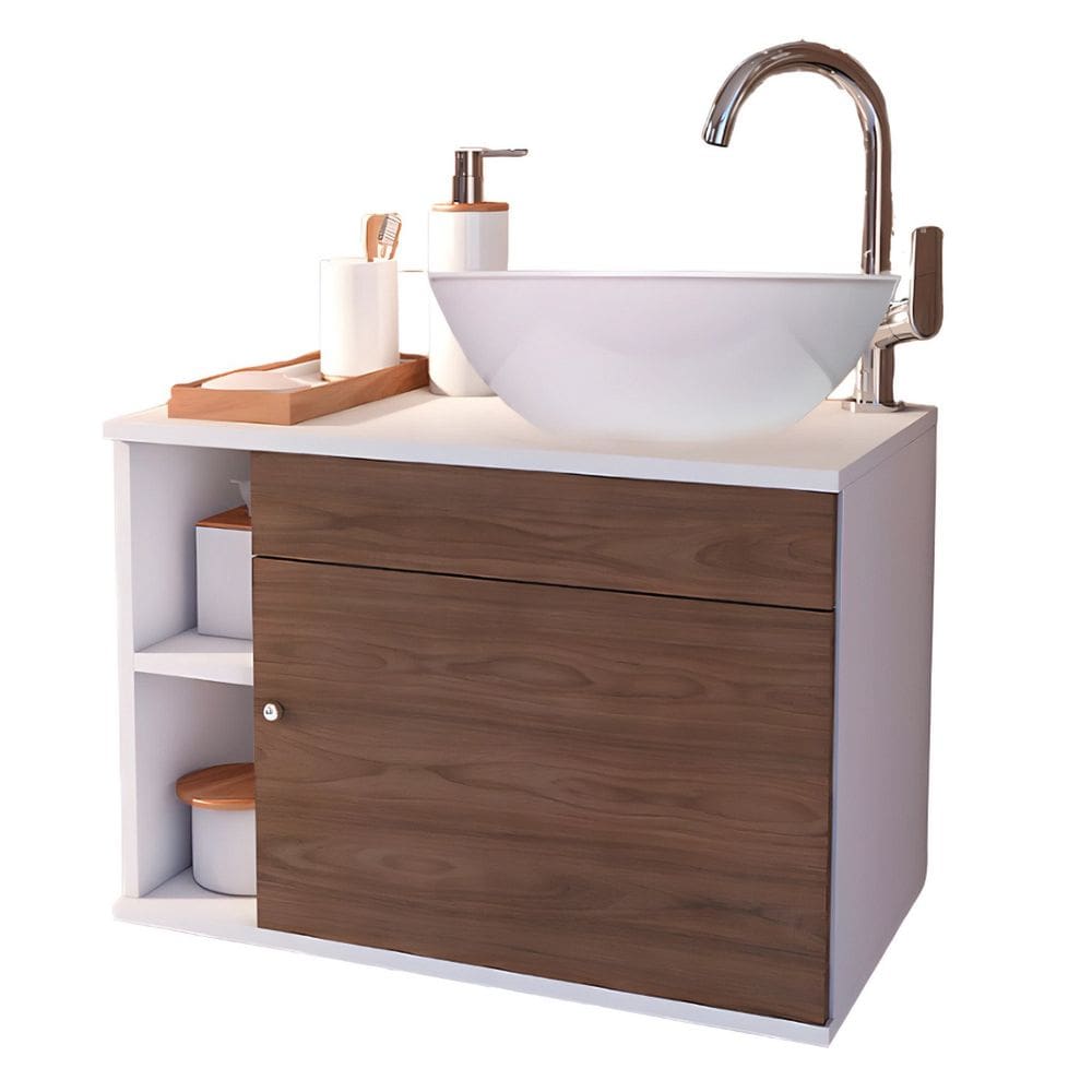 Conjunto Gabinete para Banheiro Completo com Cuba Itália Marrom/Branco