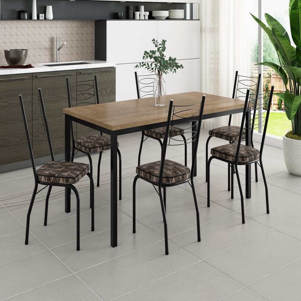 Conjunto 170cm X 80cm com 6 Cadeiras Adriana SF Preto/ Mosaico Palha/ Demolição