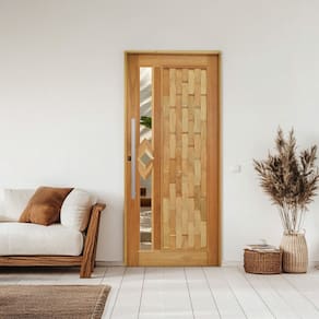 Porta Couro em Pé Losango Batente 14 Puxador Barra Chata 60 CM 82 X 210 Natural