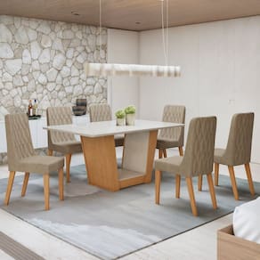 Conjunto Apogeu 170cm Tampo MDF com Vidro e 6 Cadeiras Luar Amêndoa Clean/Off White/Rinzai Bege