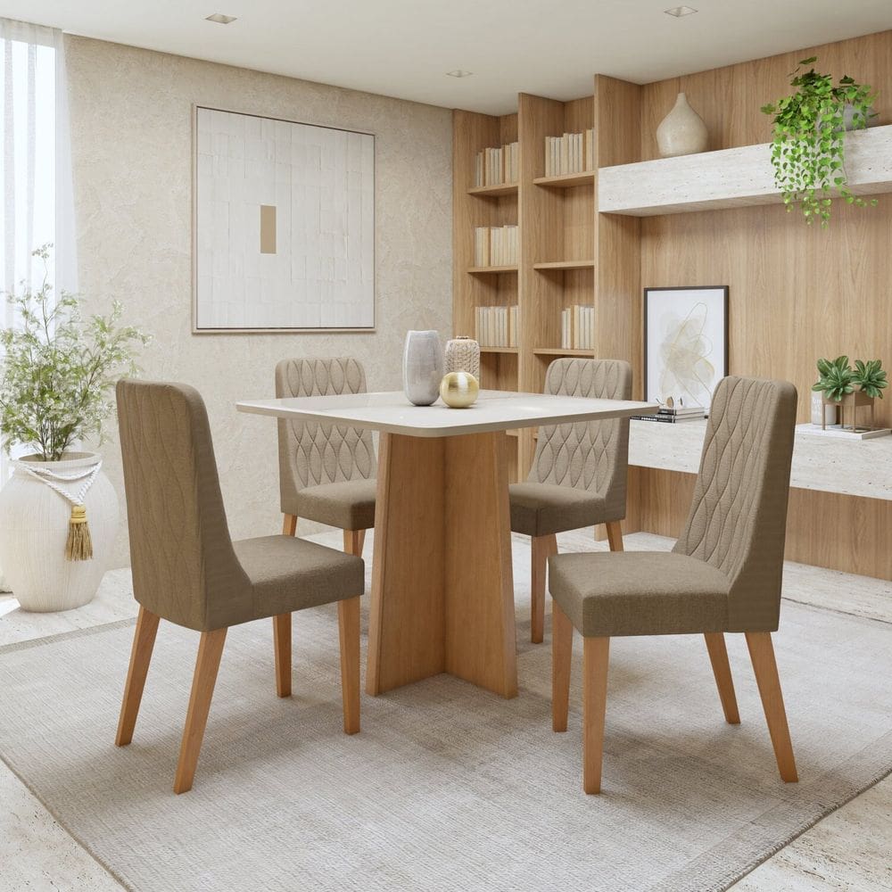 Conjunto Sala de Jantar Tampo MDF com 4 Cadeiras Amêndoa Clean/Off White/Bege