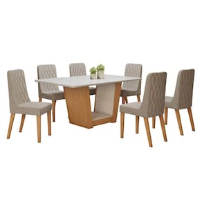 Conjunto Sala de Jantar 160cm Tampo MDF com Vidro e 6 Cadeiras Amêndoa Clean/Off White/Creme