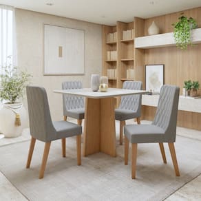 Conjunto Sala de Jantar Tampo MDF com 4 Cadeiras Amêndoa Clean/Off White/Cinza