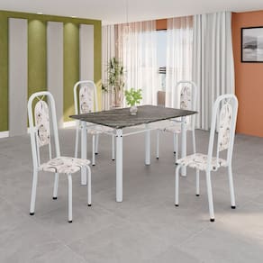 Conjunto de Mesa Tubular 120cm X 75cm Tampo Ardósia Indiano com 4 Cadeiras Lara Arabesco / Branco