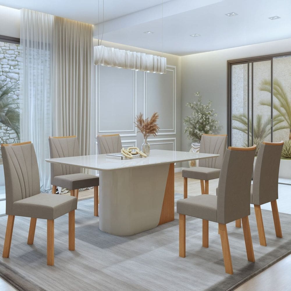 Conjunto Luar 170cm Tampo MDF com Vidro e 6 Cadeiras Apogeu Amêndoa Clean/Off White/Capuccino