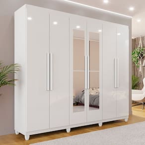 Guarda-Roupa Casal 6 Portas 4 Gavetas com Espelho com Pés 100% MDF Atlanta Branco Neve