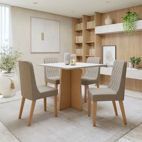 Conjunto Sala de Jantar Tampo MDF com 4 Cadeiras Amêndoa Clean/Off White/Creme