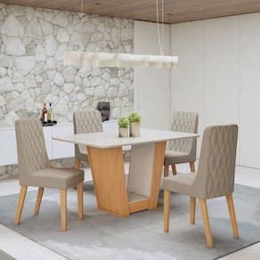 Conjunto Apogeu 120cm Tampo MDF com Vidro e 4 Cadeiras Luar Amêndoa Clean/Off White/Naturale Creme