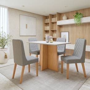 Conjunto Sala de Jantar Tampo MDF com 4 Cadeiras Amêndoa Clean/Off White/Cinza