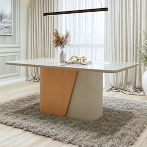 Mesa de Jantar Retangular 78cm x 170cm x 90cm Maxi Tampo com Vidro Amêndoa Clean/Off White