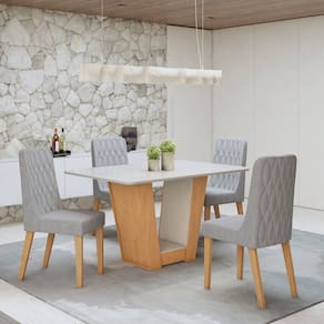 Conjunto Apogeu 120cm Tampo MDF com Vidro e 4 Cadeiras Luar Amêndoa Clean/Off White/Cinza