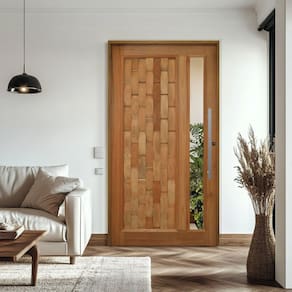 Porta Pivotante Couro em Pé com Visor Batente 14 Puxador Barra Chata 80 CM 120 X 210 Esquerdo Rodam Natural