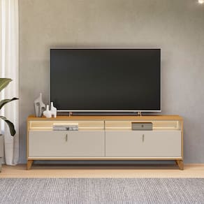 Rack Dubai para TV 75 Polegadas com LED Pés em Madeira Maciça TAUARI/OFF WHITE FOSCO