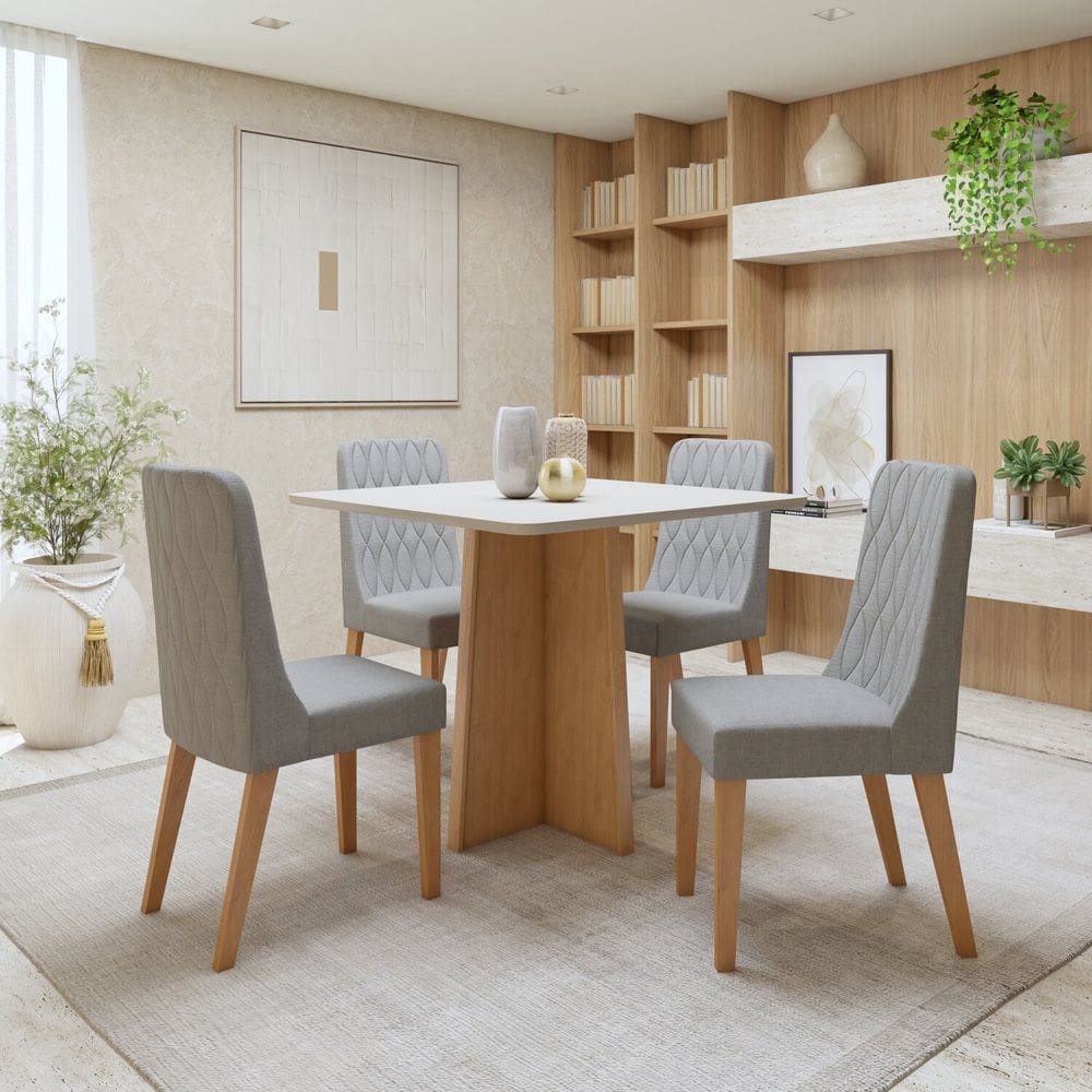 Conjunto Sala de Jantar Tampo MDF com 4 Cadeiras Amêndoa Clean/Off White/Cinza