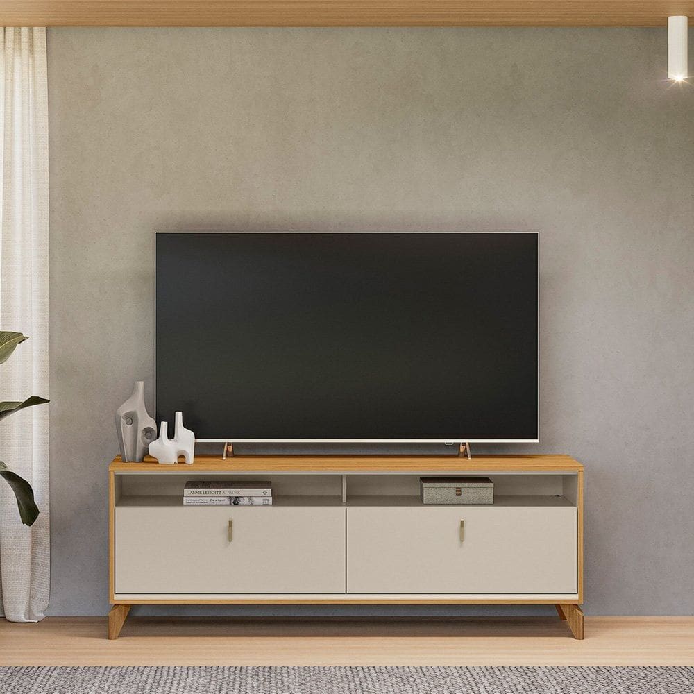Rack Dubai para TV 70 Polegadas Pés em Madeira Maciça TAUARI/OFF WHITE FOSCO