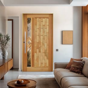 Porta Pivotante Couro em Pé Losango Batente 14 Puxador Barra Chata 80 CM 120 X 210 Natural