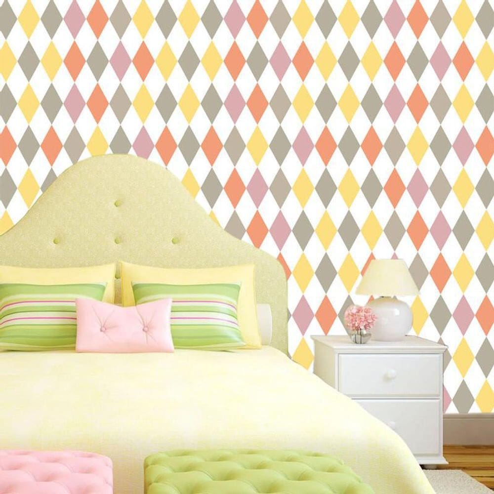 Papel Parede Geométrico Vermelho Cinza Amarelo Autocolante