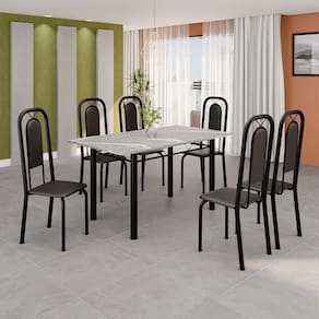 Conjunto de Mesa Tubular 140cm X 75cm Tampo Granito Topázio com 6 Cadeiras Lara Preto Liso