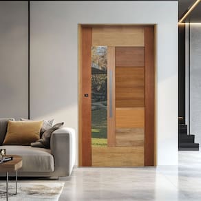 Porta Pivotante com Visor Mista Batente 14 Puxador Barra Chata 120cm X 210cm Direito 3B Natural