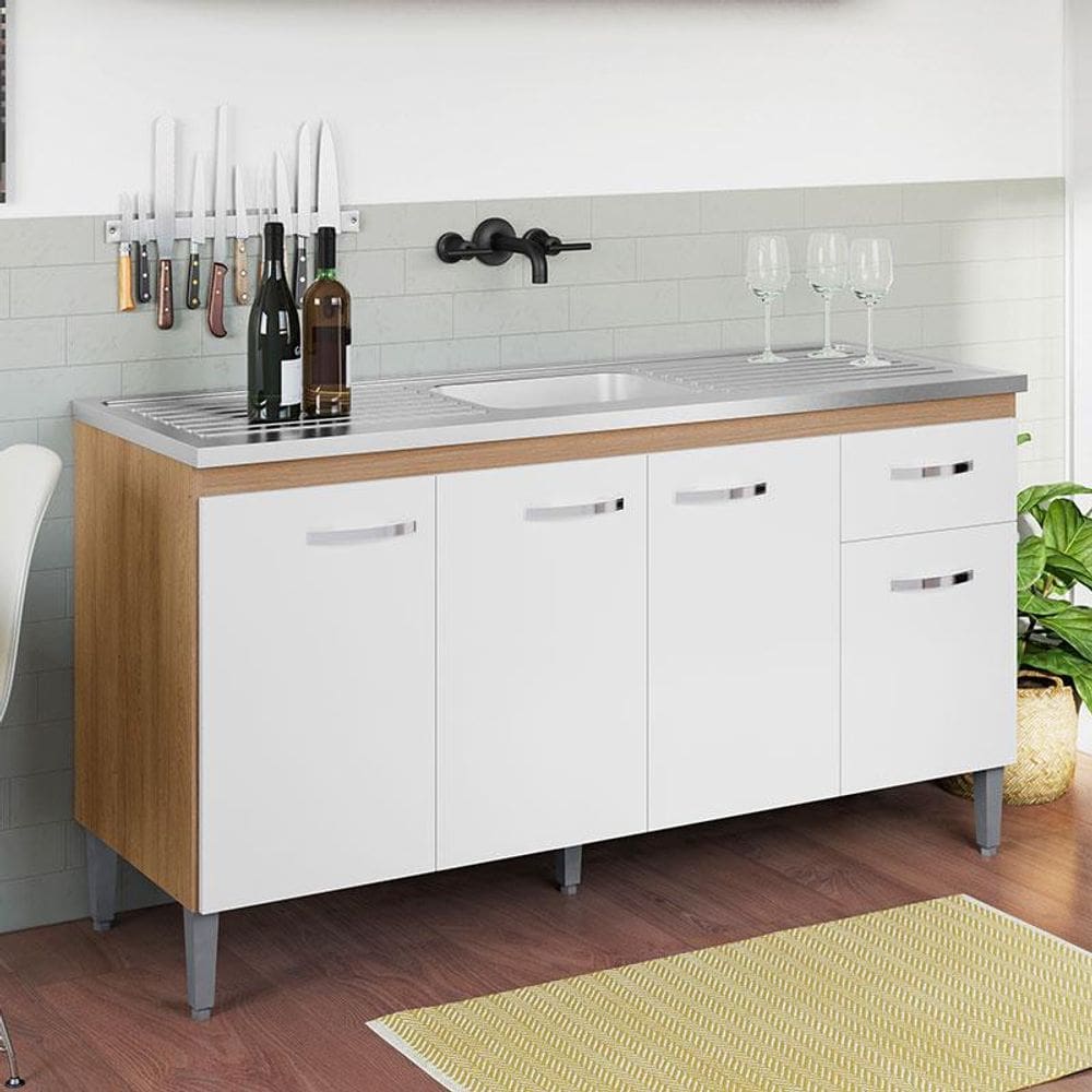 Balcão de Pia Ambiente Gabriela 150cm Amêndoa Branco - AJL