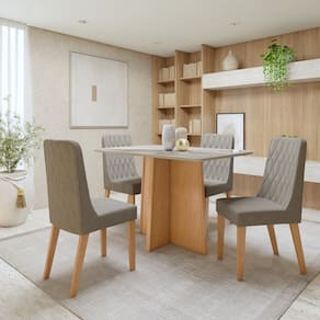 Conjunto Sala de Jantar Tampo MDF com 4 Cadeiras Amêndoa Clean/Off White/Capuccino