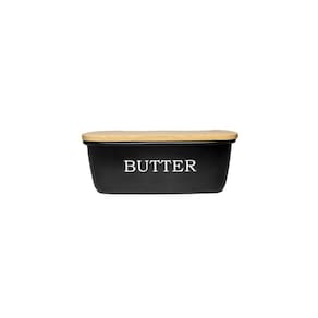 Manteigueira Preto Tampa Bambu Porta Manteiga Pote Aço 500ml