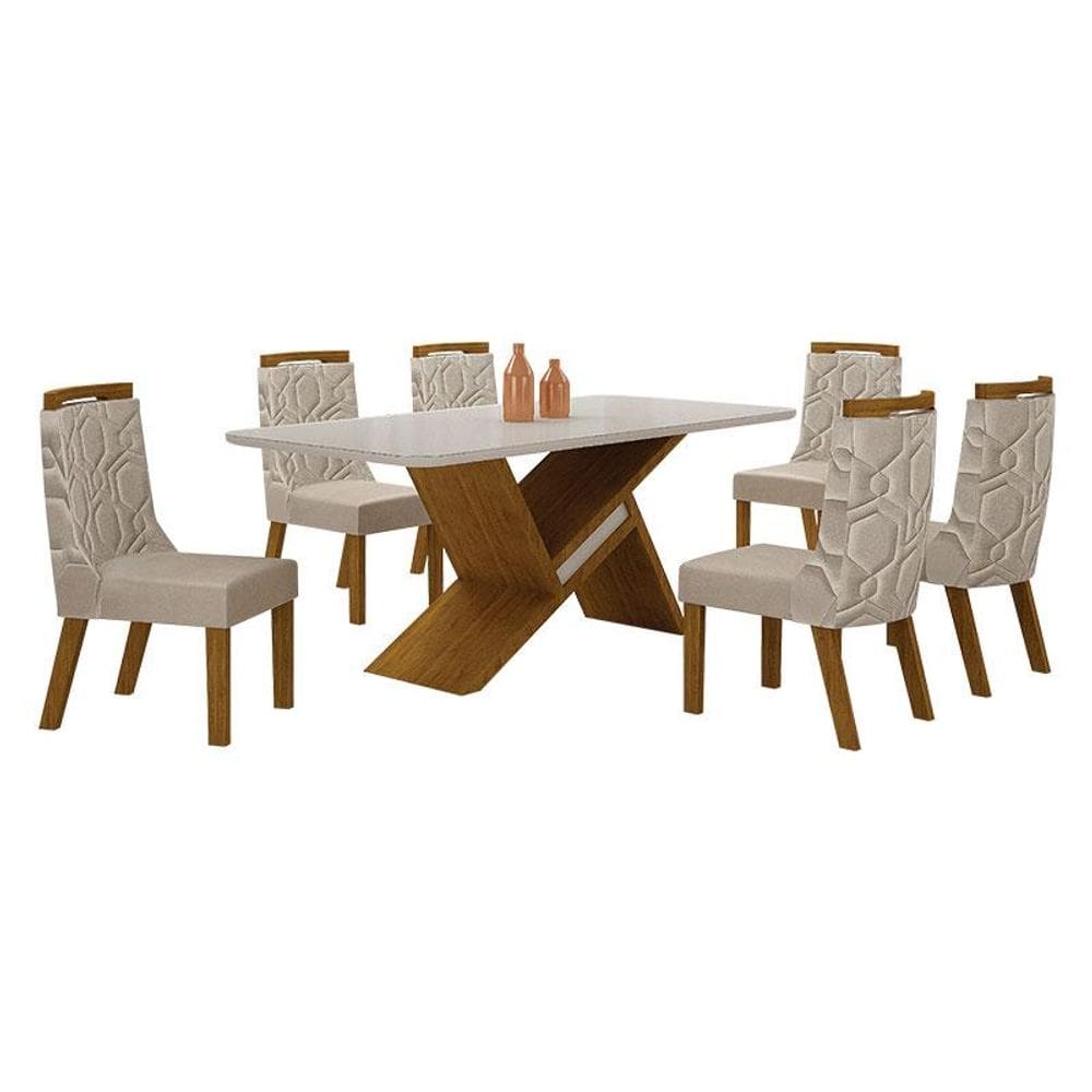 Mesa de Jantar Ágata 180x90 Freijó Off White com 6 Cadeiras MDF Freijó Joli Palha - Leifer Móveis