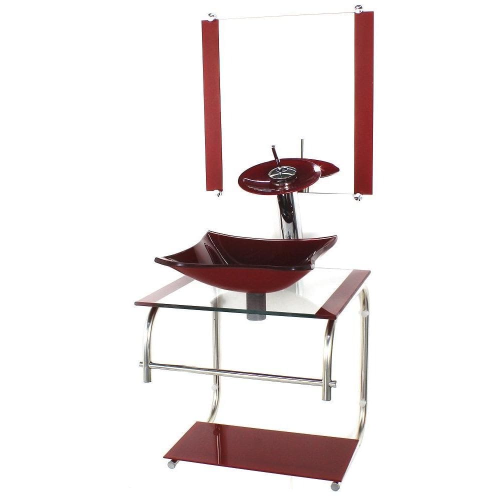 Gabinete 40Cm De Vidro Inox Cuba Quadrada Vermelho Cereja