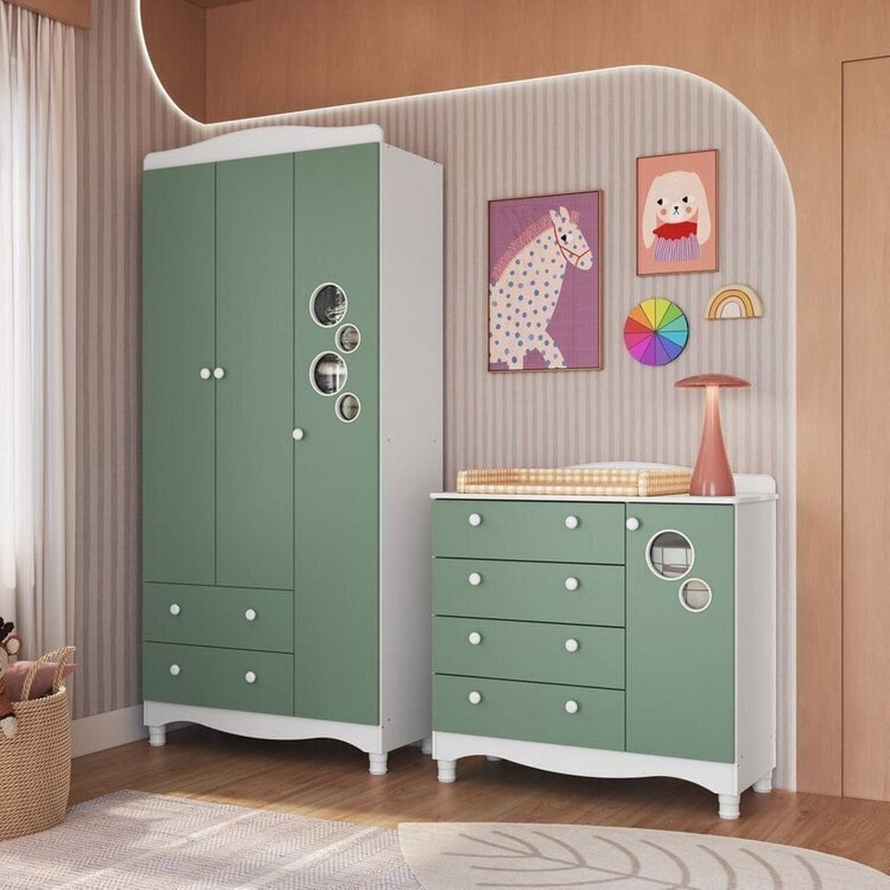 Conjunto para Quarto Infantil com Guarda-Roupa e Cômoda Trocador Encanto Branco/Verde
