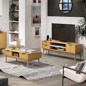 Conjunto com Rack e Mesa de Centro em Madeira Maciça Nórdica Yescasa Roble
