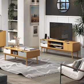 Conjunto Rack para TV até 55 Polegadas e Mesa de Centro em Madeira Maciça Nórdica Yescasa Roble/Cinza/Branco