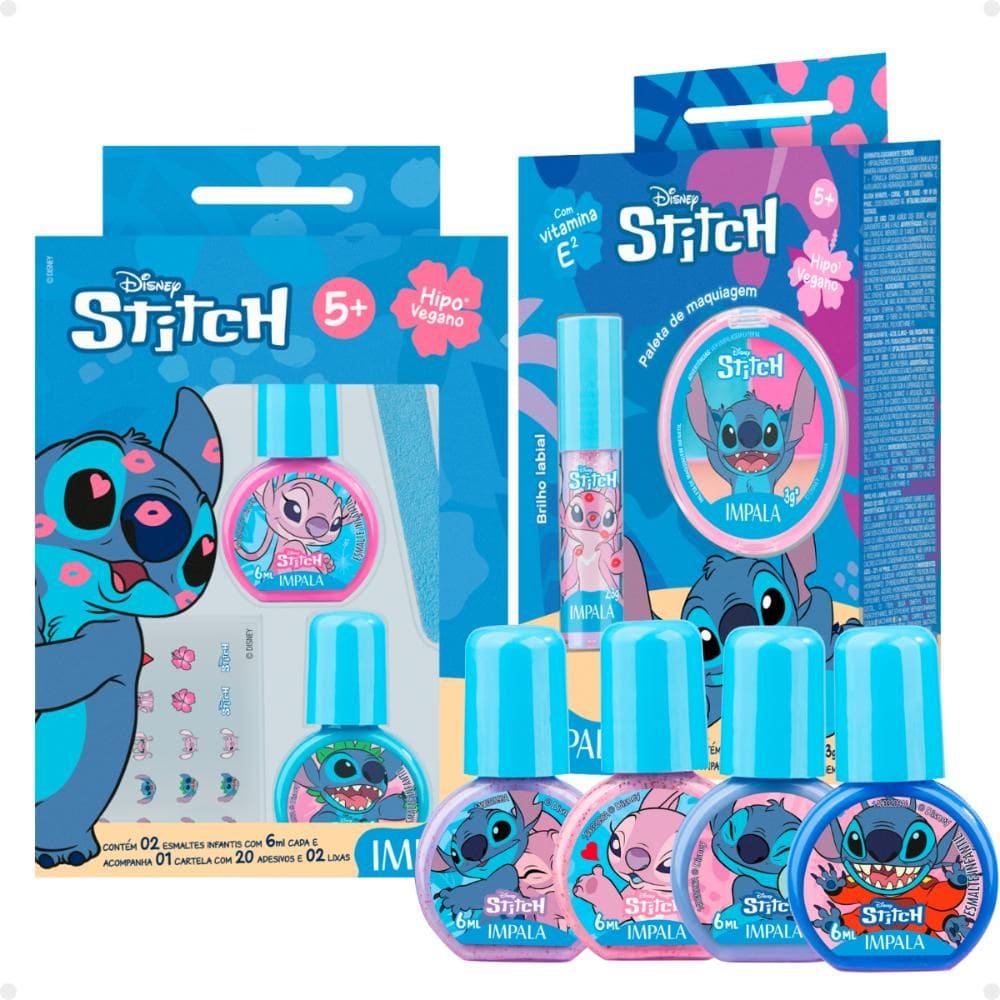 Kit Impala Stitch Completo com 10 itens: 6 Esmaltes, Lixa, Adesivo, Paleta e Brilho Labial