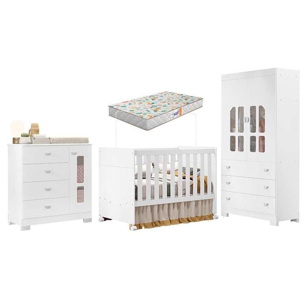 Quarto de Bebê New Katatau Branco Acetinado com Colchão Gazin- Reller