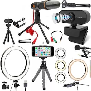 Webcam Full HD 1080 Kit Home Office Microfone Iluminador USB