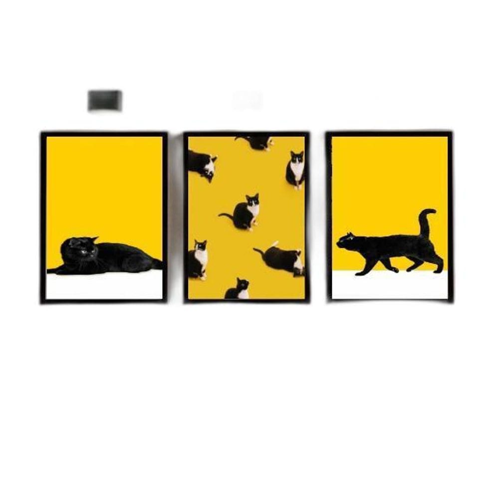Kit 3 Quadros Gato Preto E Amarelo 33X24Cm