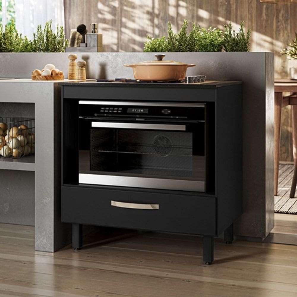 Balcão Para Cooktop e Forno Com 01 Gaveta Preto