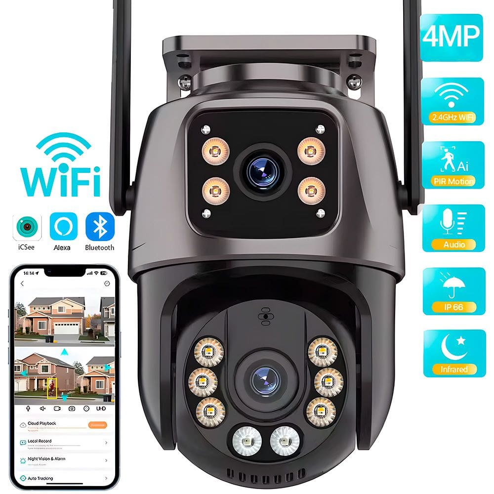 Câmera de Segurança Dupla, Giratória, IP, Wi-Fi, Full HD, 4MP, PTZ, Visão Noturna, iCSee, Compatível Alexa, IP66, Preta