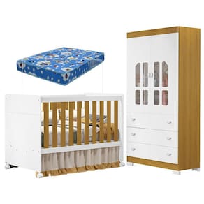 Berço Americano e Cômoda Infantil Katatau Branco Acetinado Savana com Colchão Ortobom - Reller
