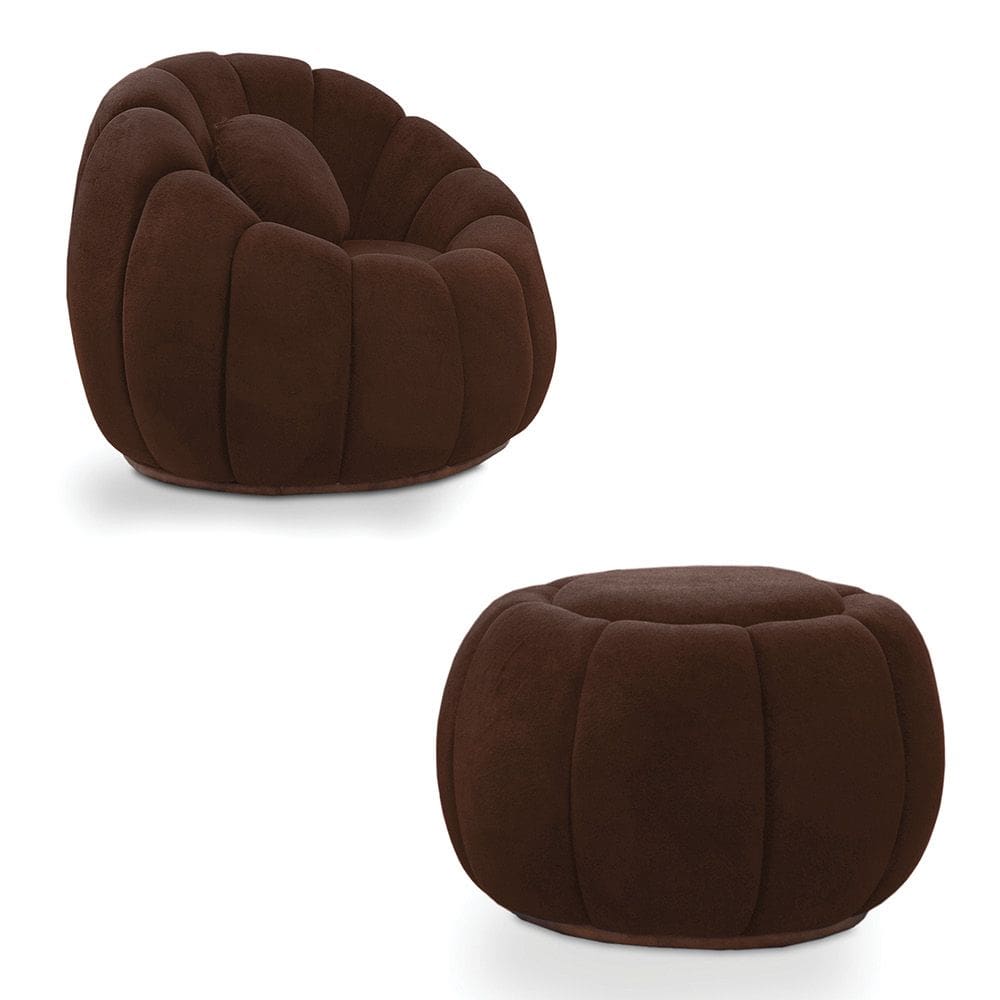 Poltrona Decorativa Orgânica Giratória com Puff Cloud Bouclê Marrom E03 - D`Rossi