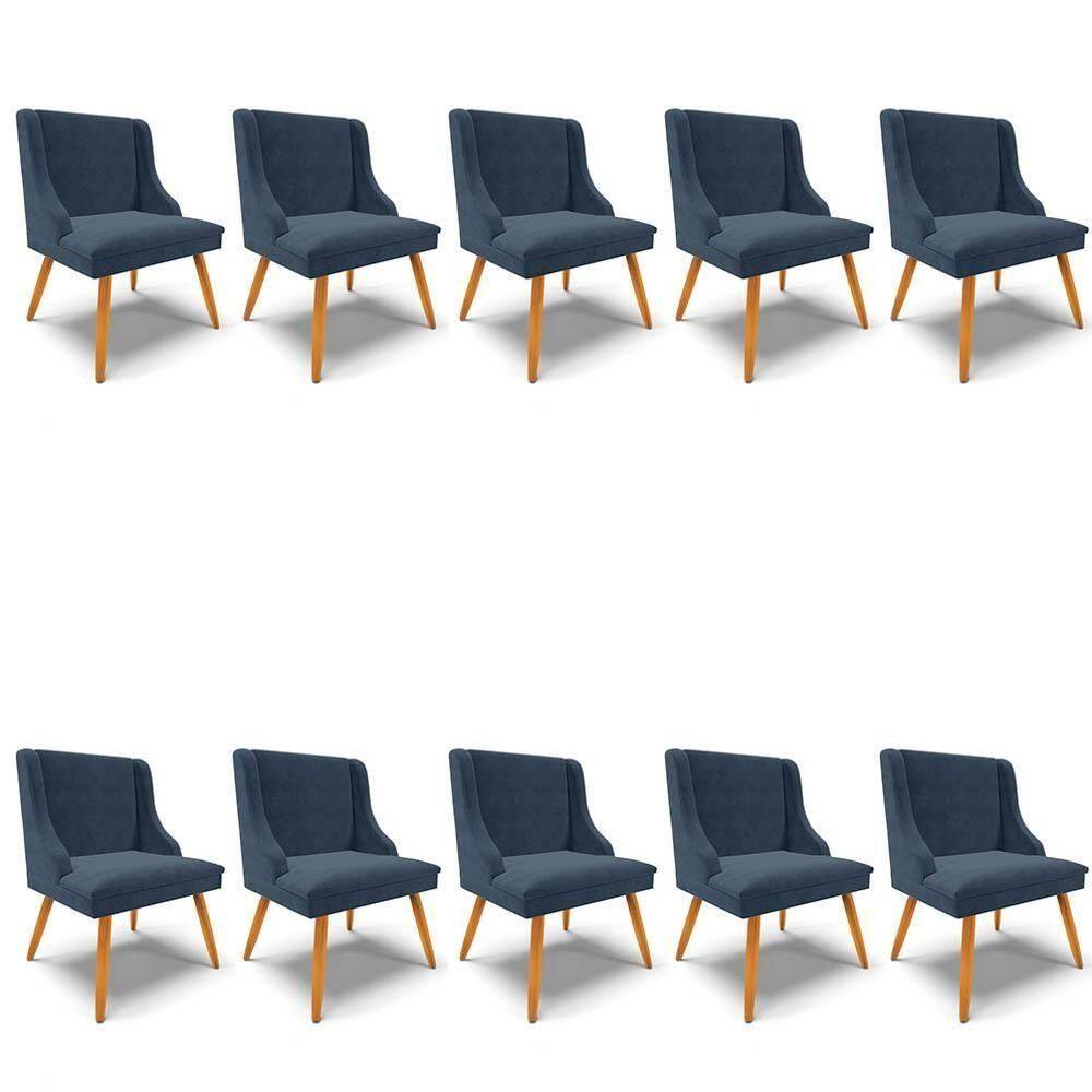Kit 10 Cadeiras Estofadas Para Sala De Jantar Pés Palito Lia Suede Azul Marinho - Ibiza
