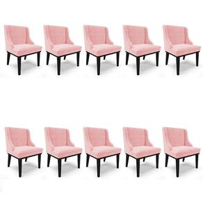 Kit 10 Cadeiras Estofadas Para Sala De Jantar Base Fixa De Madeira Preto Lia Suede Rosa Bebê - Ibiza