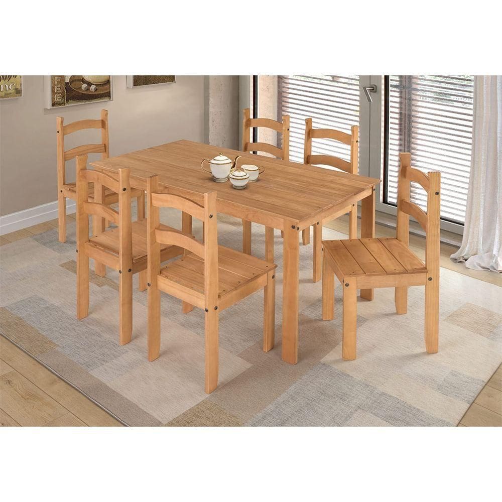 Conjunto De Mesa De Jantar 140x70 Com 6 Cadeiras Madeira Maciça Luxo Natural
