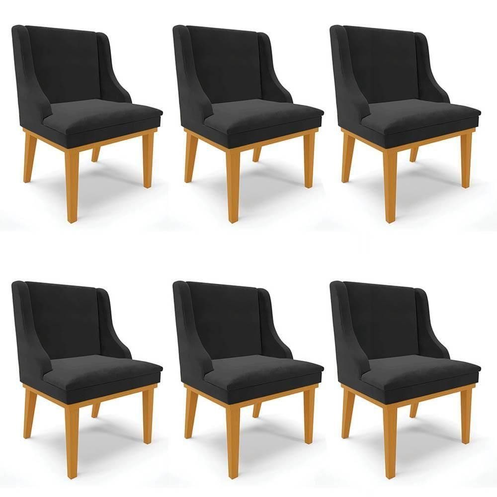 Kit 6 Cadeiras Estofadas Para Sala De Jantar Base Fixa De Madeira Castanho Lia Veludo Preto - Ibiza