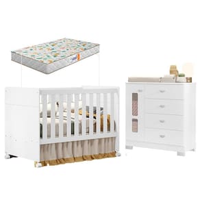 Berço Americano e Cômoda Infantil Katatau Branco Acetinado com Colchão Gazin - Reller