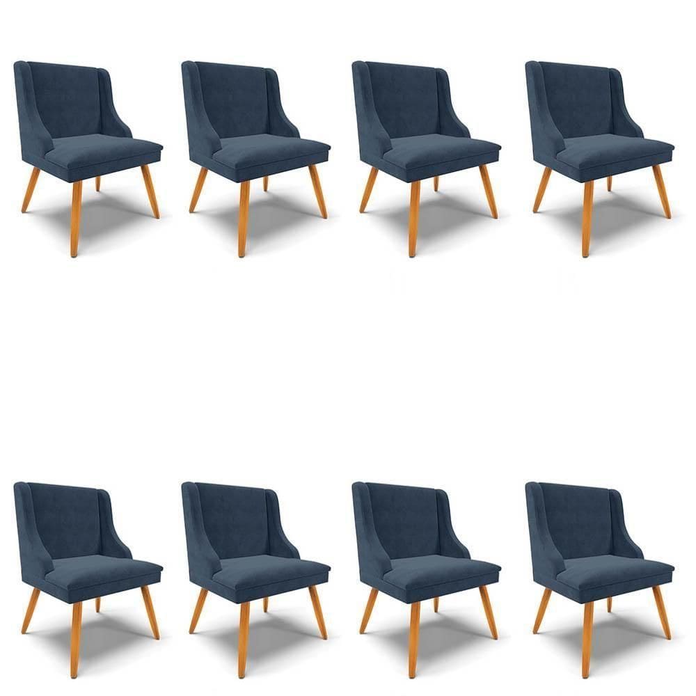 Kit 8 Cadeiras Estofadas Para Sala De Jantar Pés Palito Lia Suede Azul Marinho - Ibiza